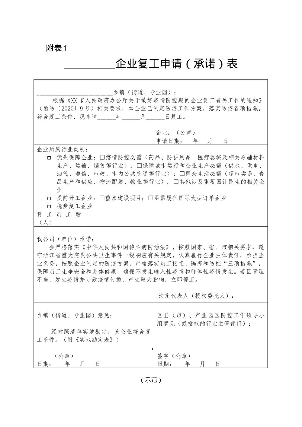 企业复工申请(承诺)Word模板.docx